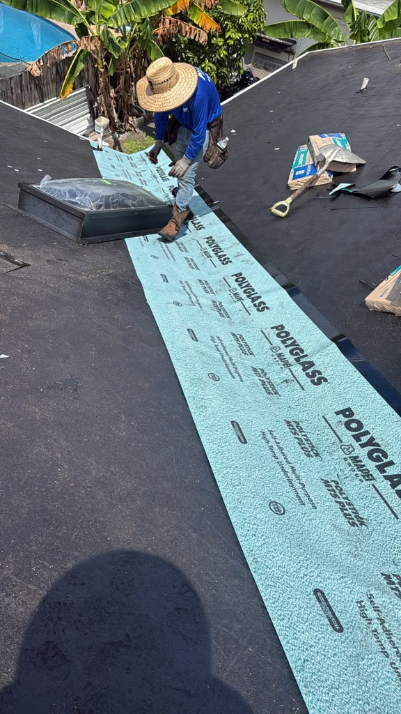Roof underlayment and waterproofing detail during installation.